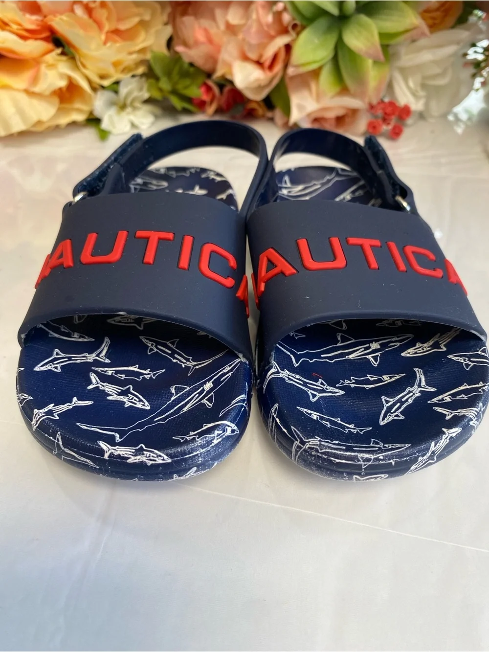 Nautica Boys Shark Print Logo Slingback Water Sandals Navy Red Size 7
